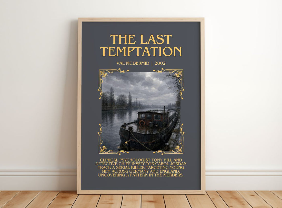 The Last Temptation Minimalist Book Poster by Val McDermid – framed print leaning on a wooden floor