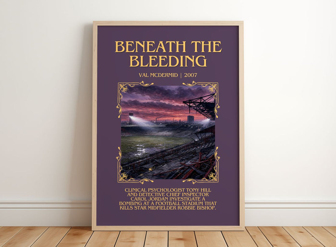 Beneath the Bleeding Minimalist Book Poster by Val McDermid – framed print leaning on a wooden floor