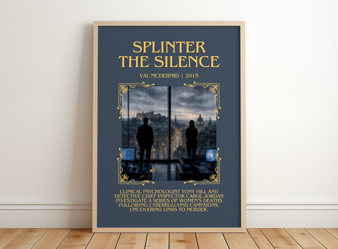 Splinter the Silence Minimalist Book Poster by Val McDermid – framed print leaning on a wooden floor