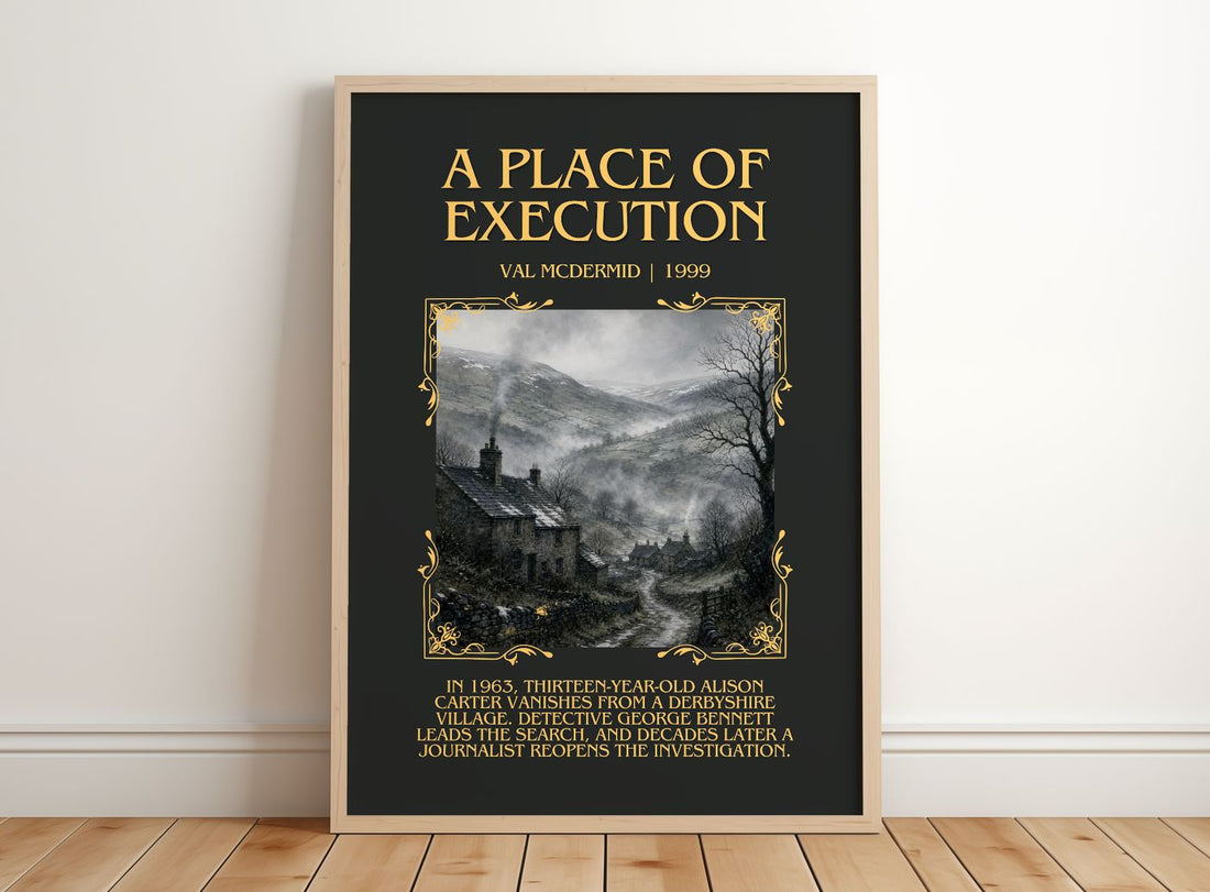 A Place of Execution Minimalist Book Poster by Val McDermid – framed print leaning on a wooden floor