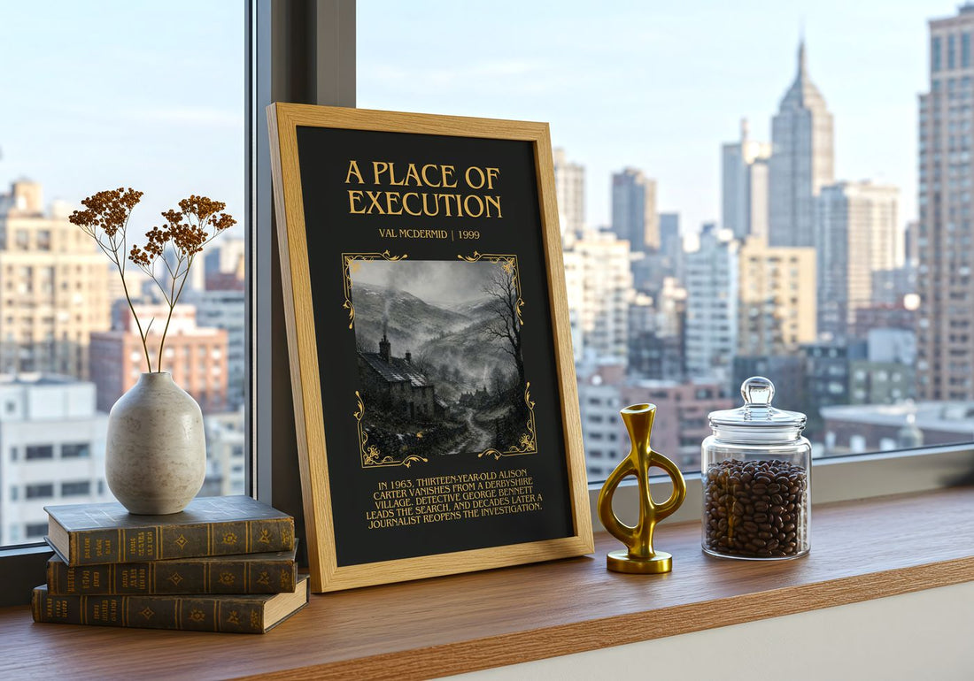 A Place of Execution Minimalist Book Poster by Val McDermid – framed print on a city-view windowsill