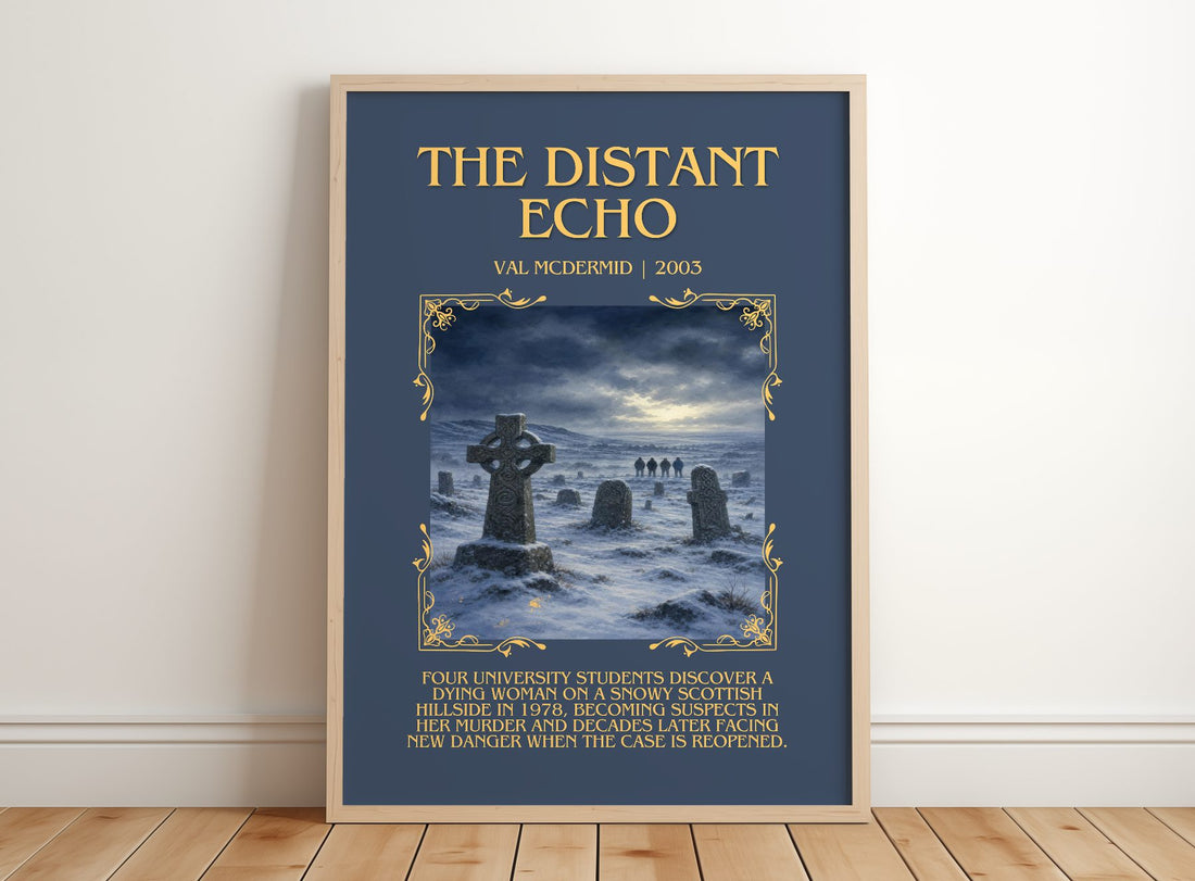 The Distant Echo Minimalist Book Poster by Val McDermid – framed print leaning on a wooden floor