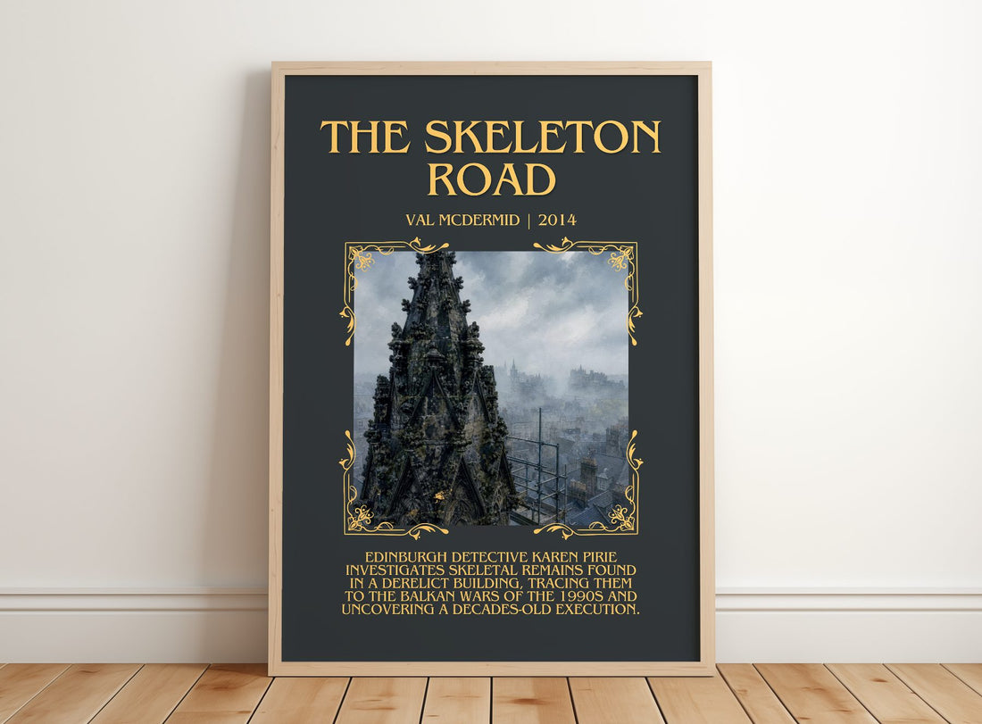 The Skeleton Road Minimalist Book Poster by Val McDermid – framed print leaning on a wooden floor