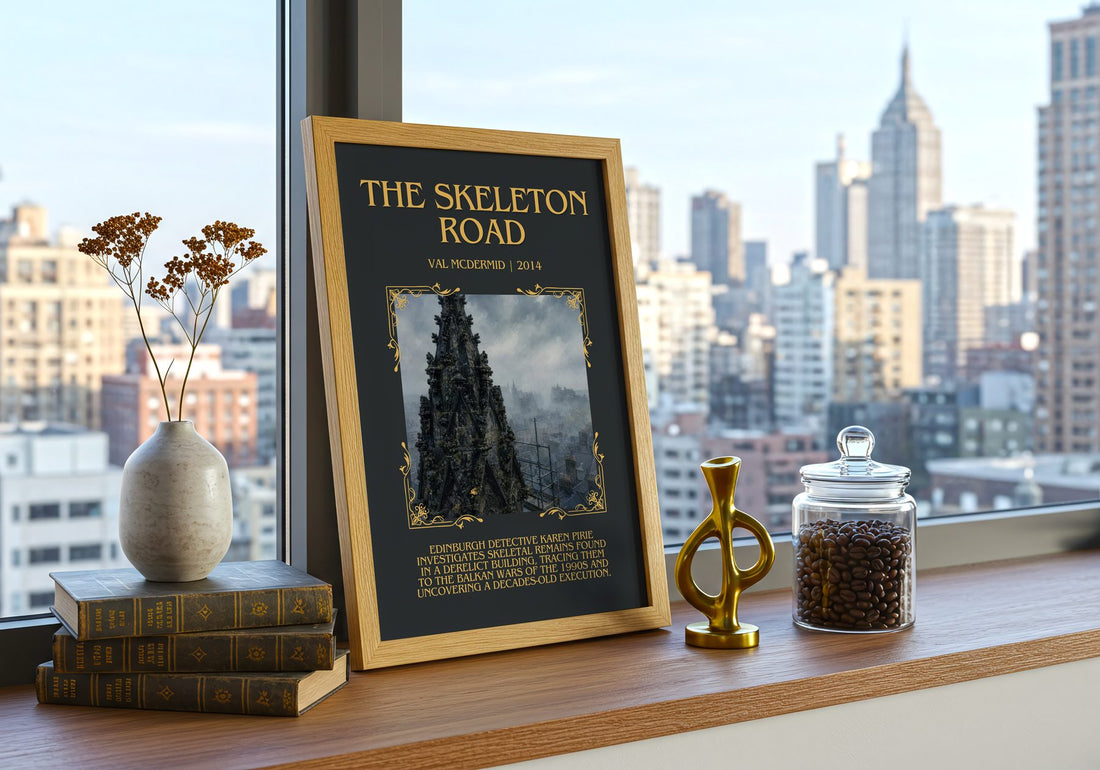 The Skeleton Road Minimalist Book Poster by Val McDermid – framed print on a city-view windowsill