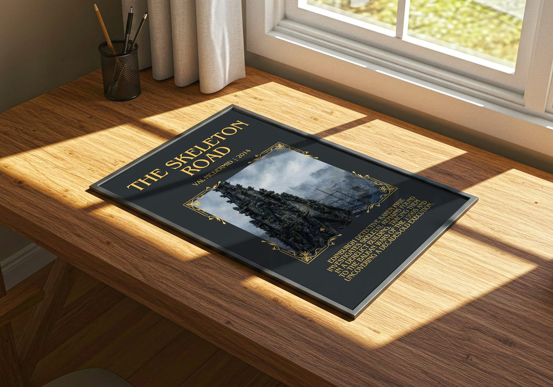 The Skeleton Road Minimalist Book Poster by Val McDermid – print on a sunlit desk