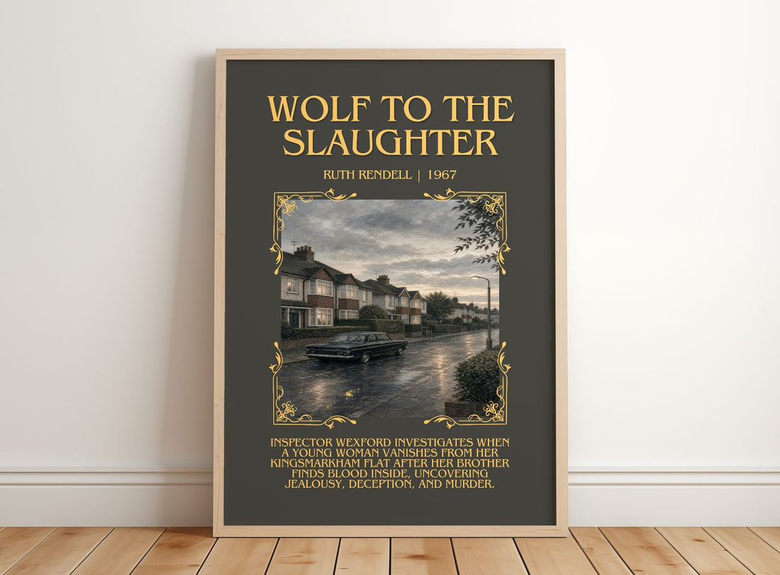 Wolf to the Slaughter Minimalist Book Poster by Ruth Rendell – framed print leaning on a wooden floor