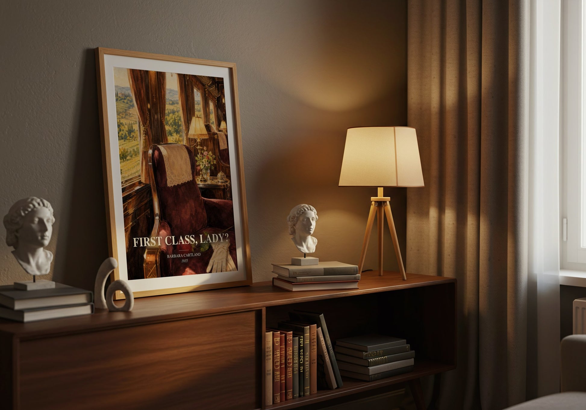 First Class, Lady? watercolour print on bookshelf – Barbara Cartland fan gift