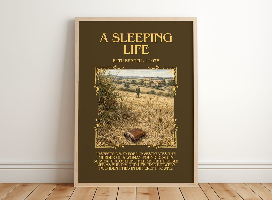 A Sleeping Life Minimalist Book Poster by Ruth Rendell – framed print leaning on a wooden floor