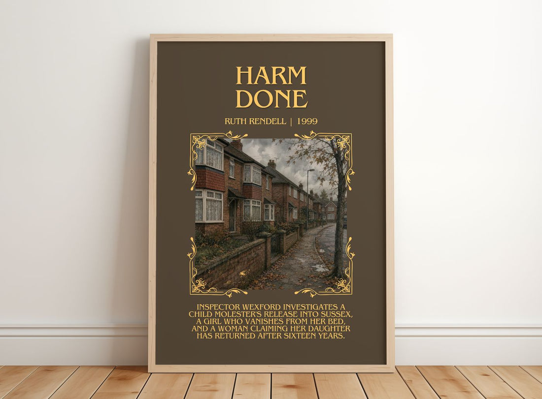 Harm Done Minimalist Book Poster by Ruth Rendell – framed print leaning on a wooden floor