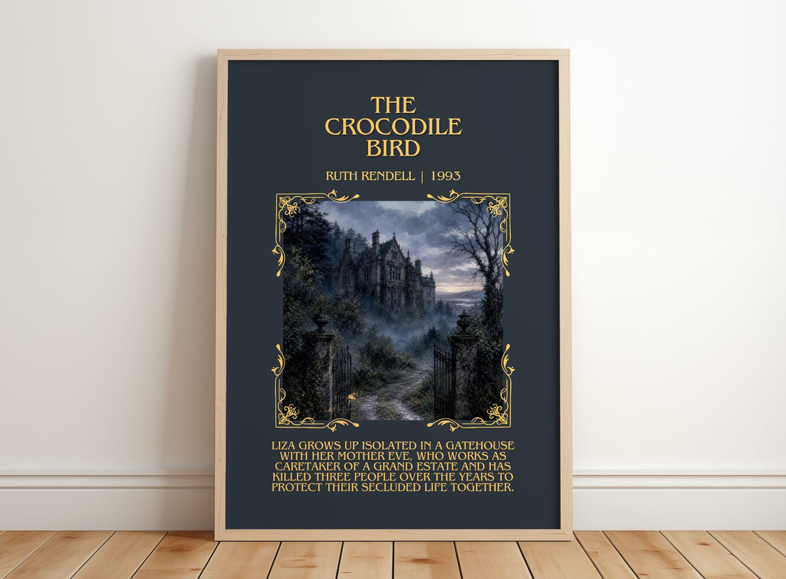 The Crocodile Bird Minimalist Book Poster by Ruth Rendell – framed print leaning on a wooden floor