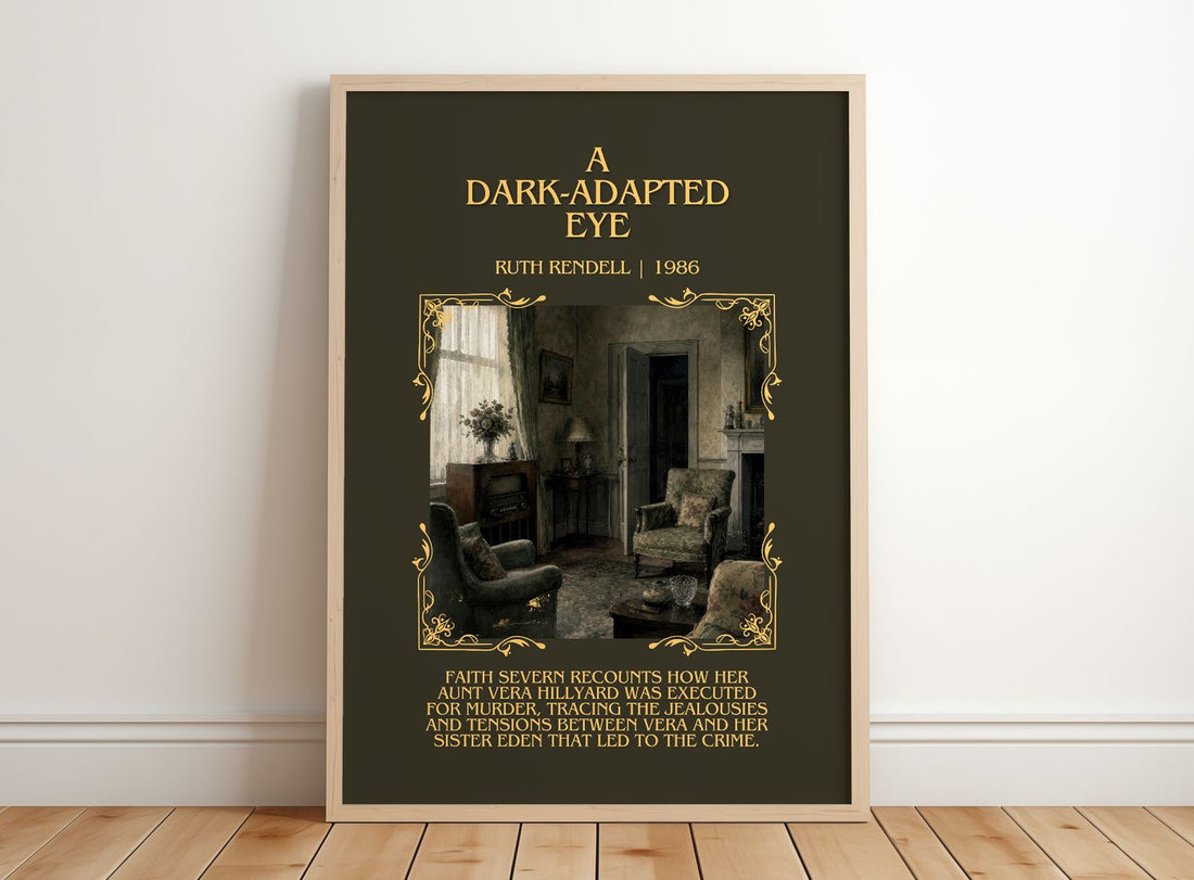 A Dark-Adapted Eye Minimalist Book Poster by Ruth Rendell – framed print leaning on a wooden floor