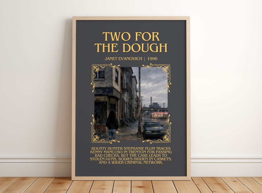 Two for the Dough Minimalist Book Poster by Janet Evanovich – framed print leaning on a wooden floor