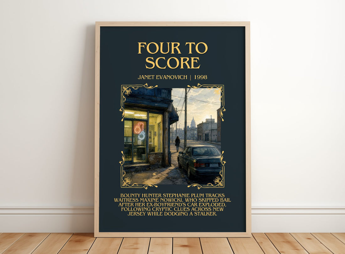 Four to Score Minimalist Book Poster by Janet Evanovich – framed print leaning on a wooden floor