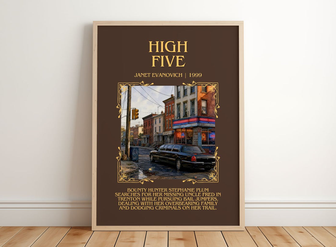 High Five Minimalist Book Poster by Janet Evanovich – framed print leaning on a wooden floor