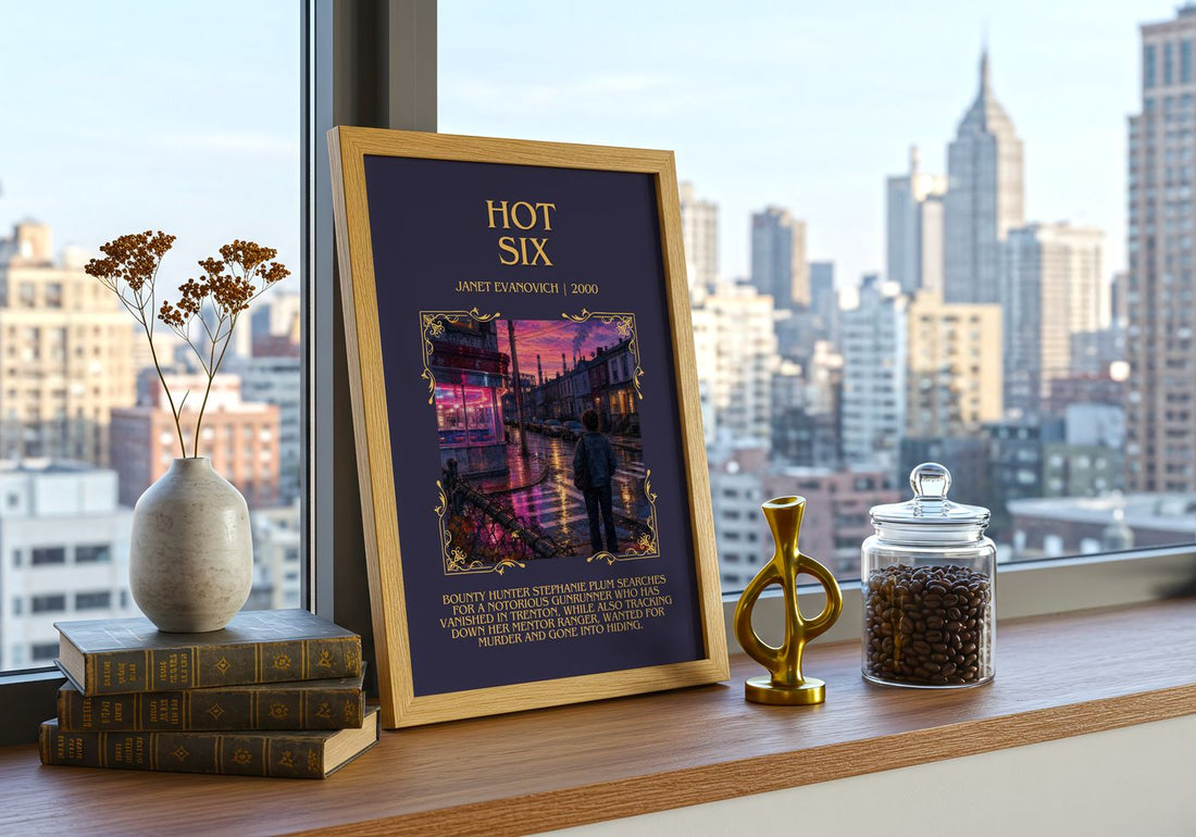 Hot Six Minimalist Book Poster by Janet Evanovich – framed print on a city-view windowsill