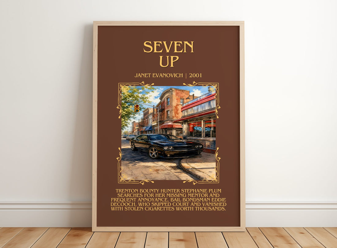 Seven Up Minimalist Book Poster by Janet Evanovich – framed print leaning on a wooden floor