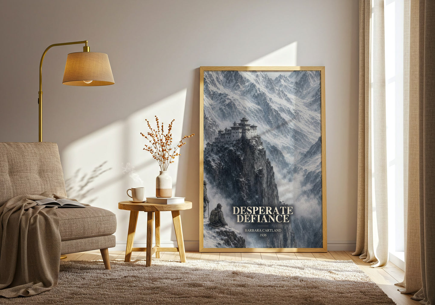 Desperate Defiance watercolour print in frame leaning in hallway – romance wall art