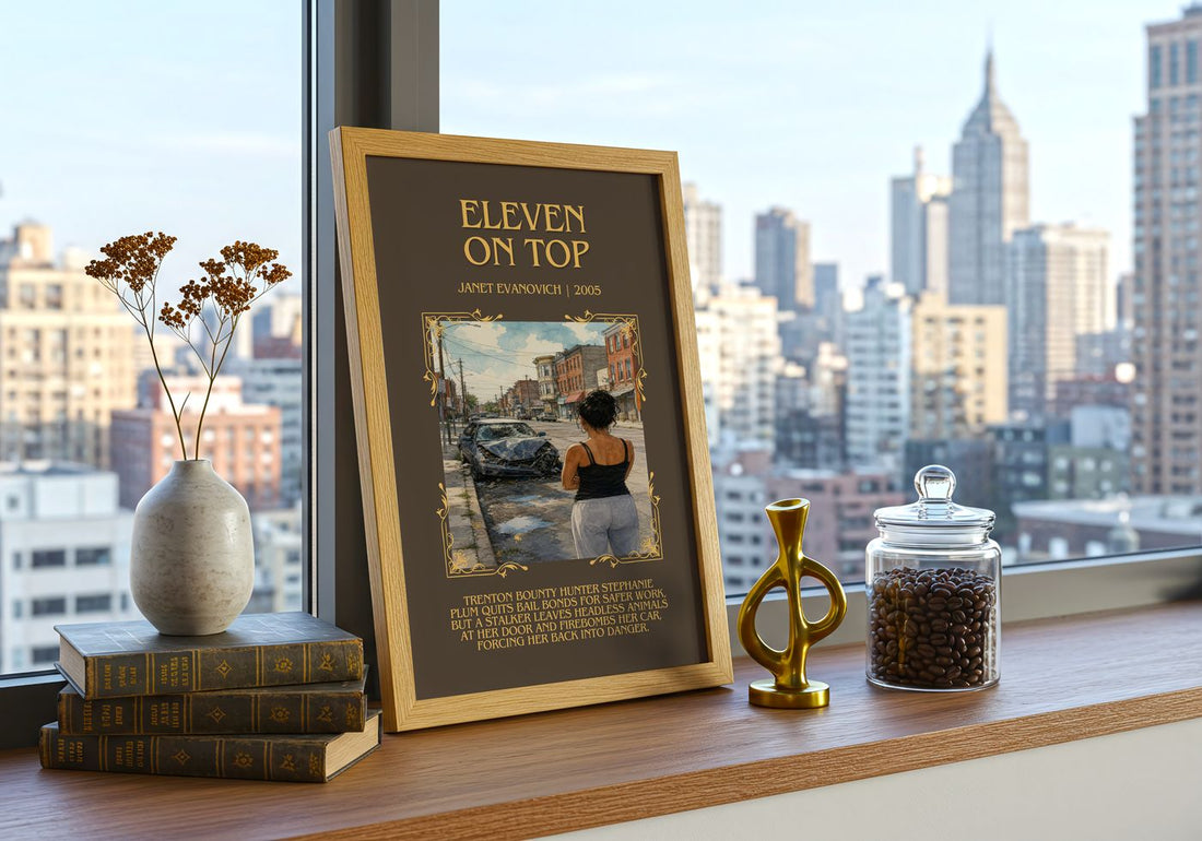 Eleven on Top Minimalist Book Poster by Janet Evanovich – framed print on a city-view windowsill