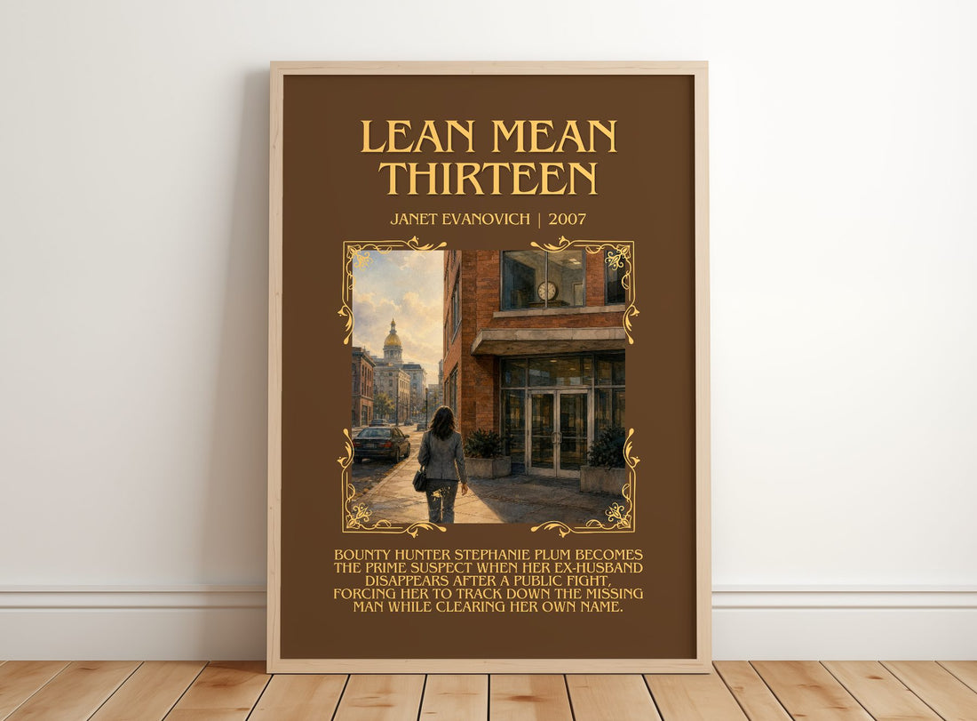 Lean Mean Thirteen Minimalist Book Poster by Janet Evanovich – framed print leaning on a wooden floor