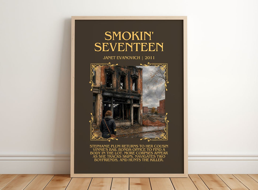 Smokin' Seventeen Minimalist Book Poster by Janet Evanovich – framed print leaning on a wooden floor