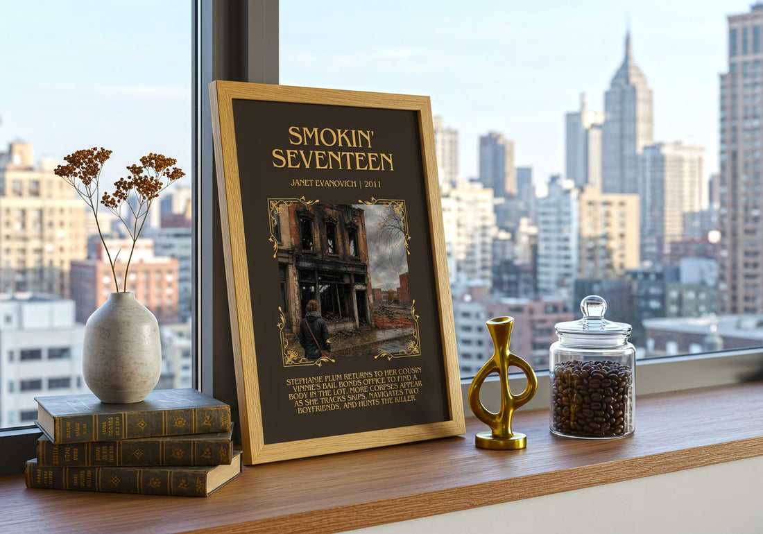 Smokin' Seventeen Minimalist Book Poster by Janet Evanovich – framed print on a city-view windowsill