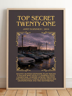 Top Secret Twenty-One Minimalist Book Poster by Janet Evanovich – framed print leaning on a wooden floor