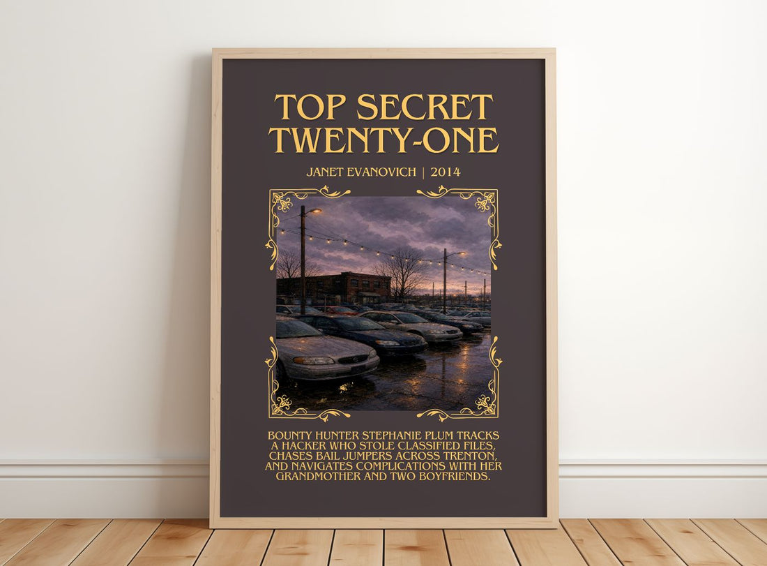 Top Secret Twenty-One Minimalist Book Poster by Janet Evanovich – framed print leaning on a wooden floor