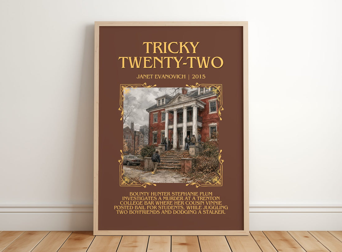Tricky Twenty-Two Minimalist Book Poster by Janet Evanovich – framed print leaning on a wooden floor