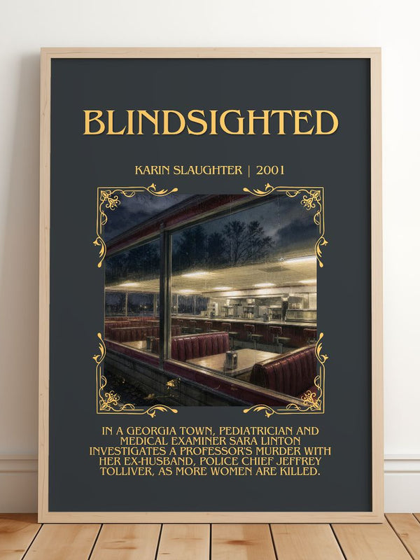 Blindsighted Minimalist Book Poster by Karin Slaughter – framed print leaning on a wooden floor