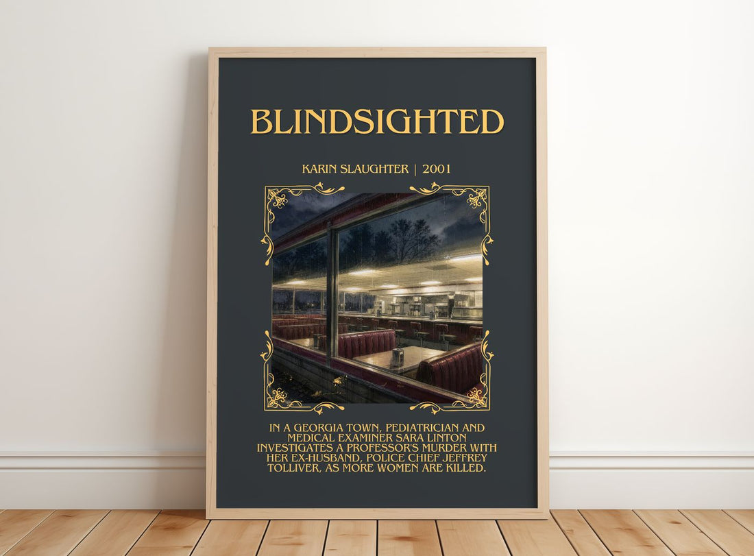 Blindsighted Minimalist Book Poster by Karin Slaughter – framed print leaning on a wooden floor