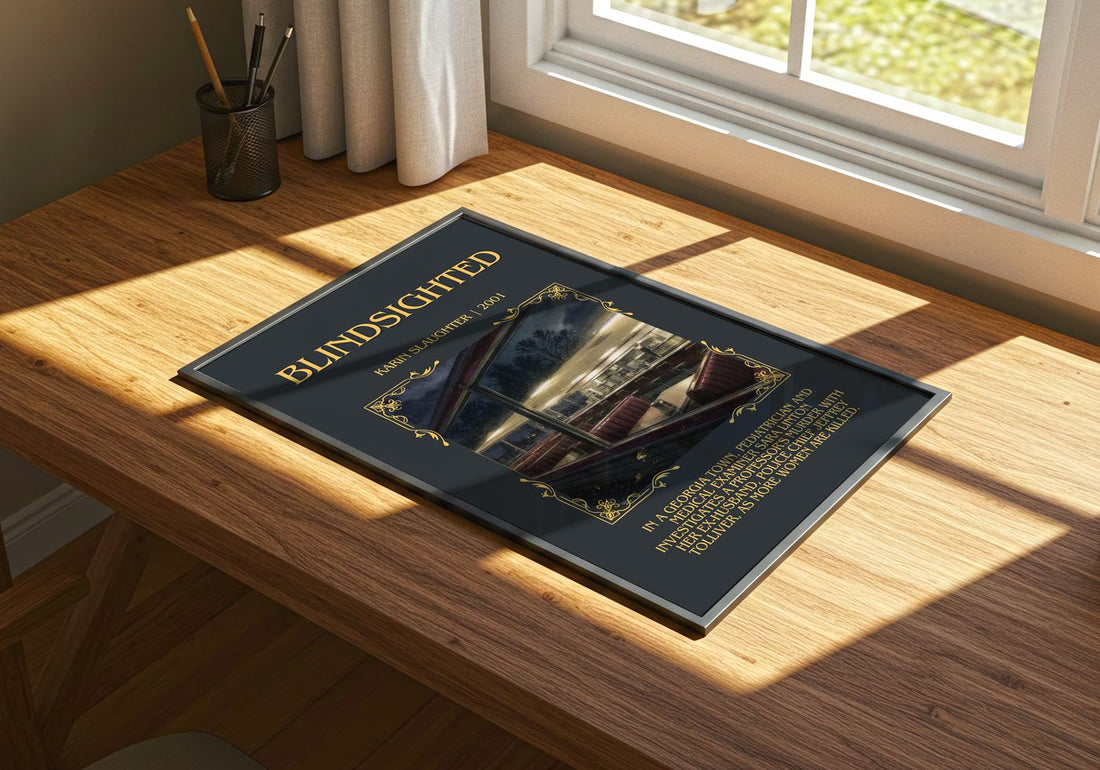 Blindsighted Minimalist Book Poster by Karin Slaughter – print on a sunlit desk
