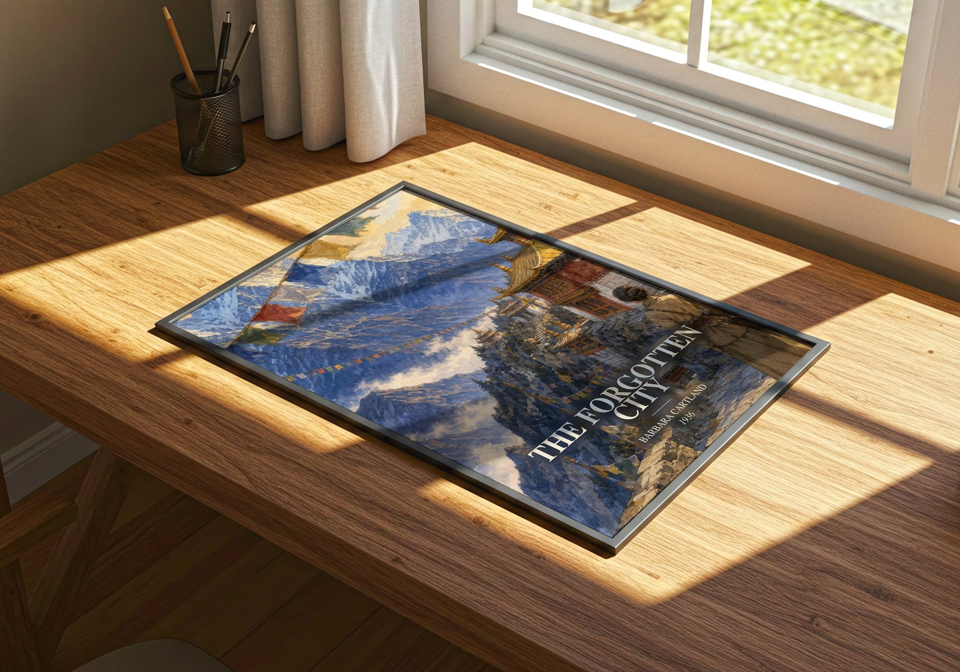 The Forgotten City watercolour book poster framed on wall – romance wall art