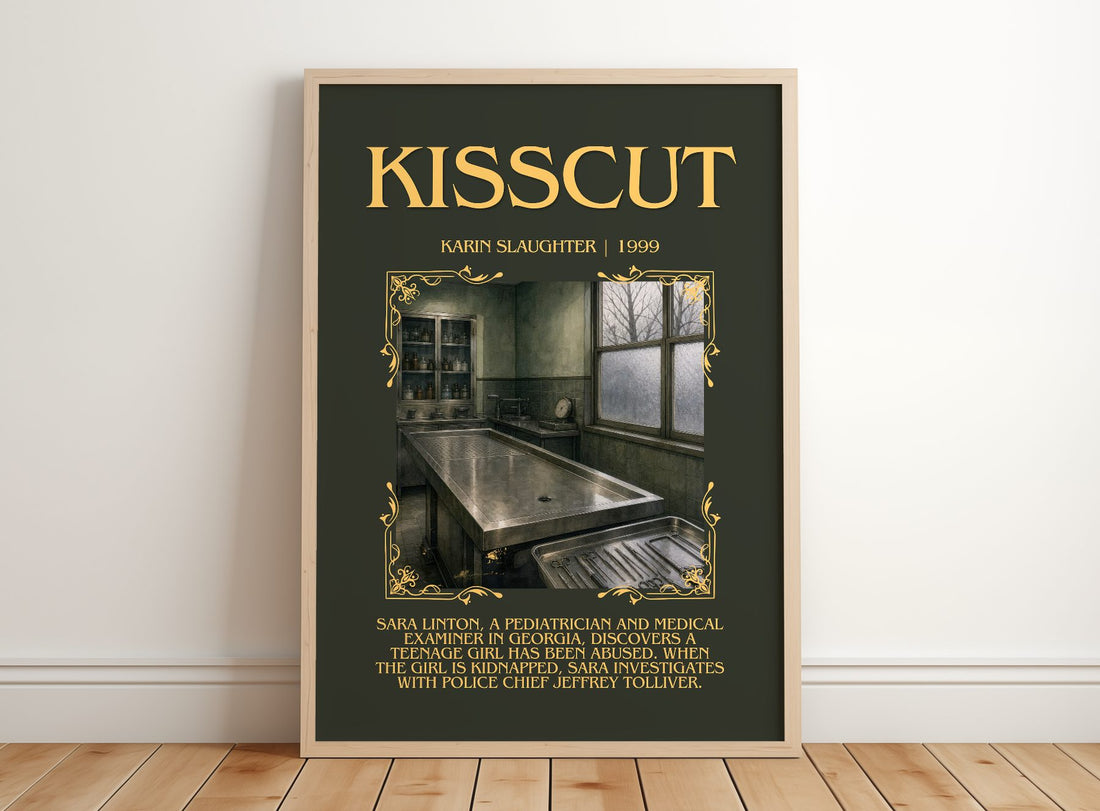 Kisscut Minimalist Book Poster by Karin Slaughter – framed print leaning on a wooden floor