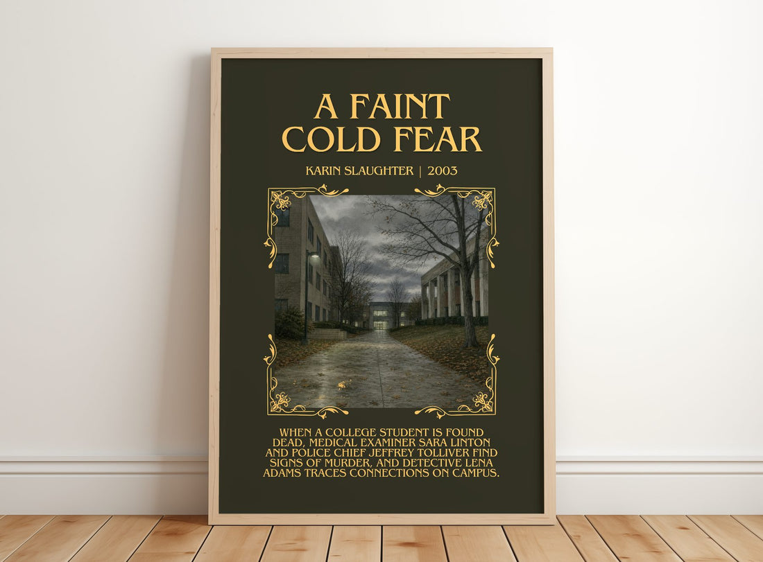 A Faint Cold Fear Minimalist Book Poster by Karin Slaughter – framed print leaning on a wooden floor