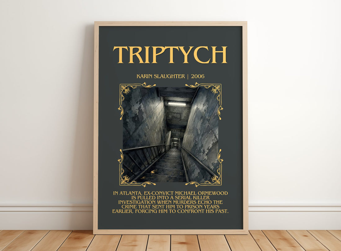 Triptych Minimalist Book Poster by Karin Slaughter – framed print leaning on a wooden floor