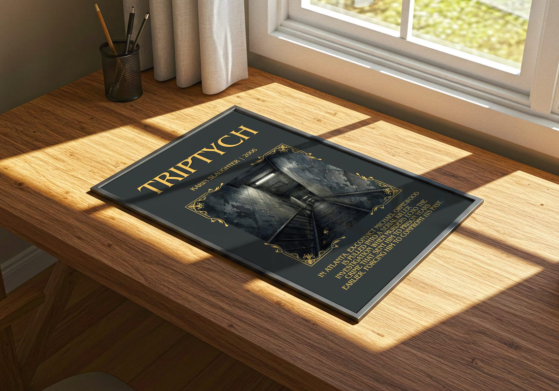 Triptych Minimalist Book Poster by Karin Slaughter – print on a sunlit desk