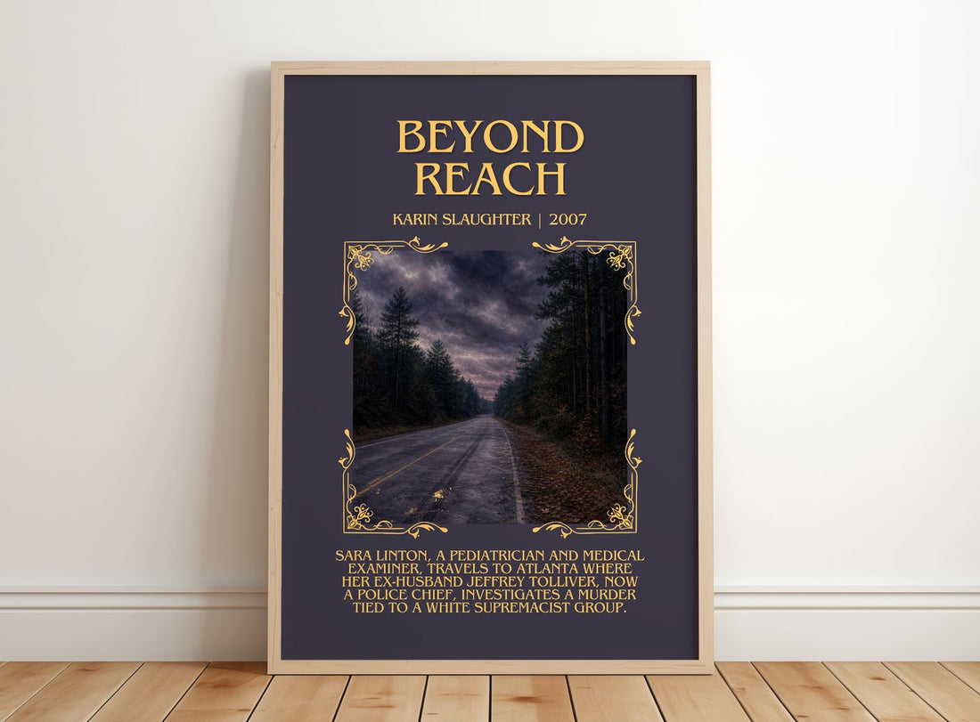 Beyond Reach Minimalist Book Poster by Karin Slaughter – framed print leaning on a wooden floor