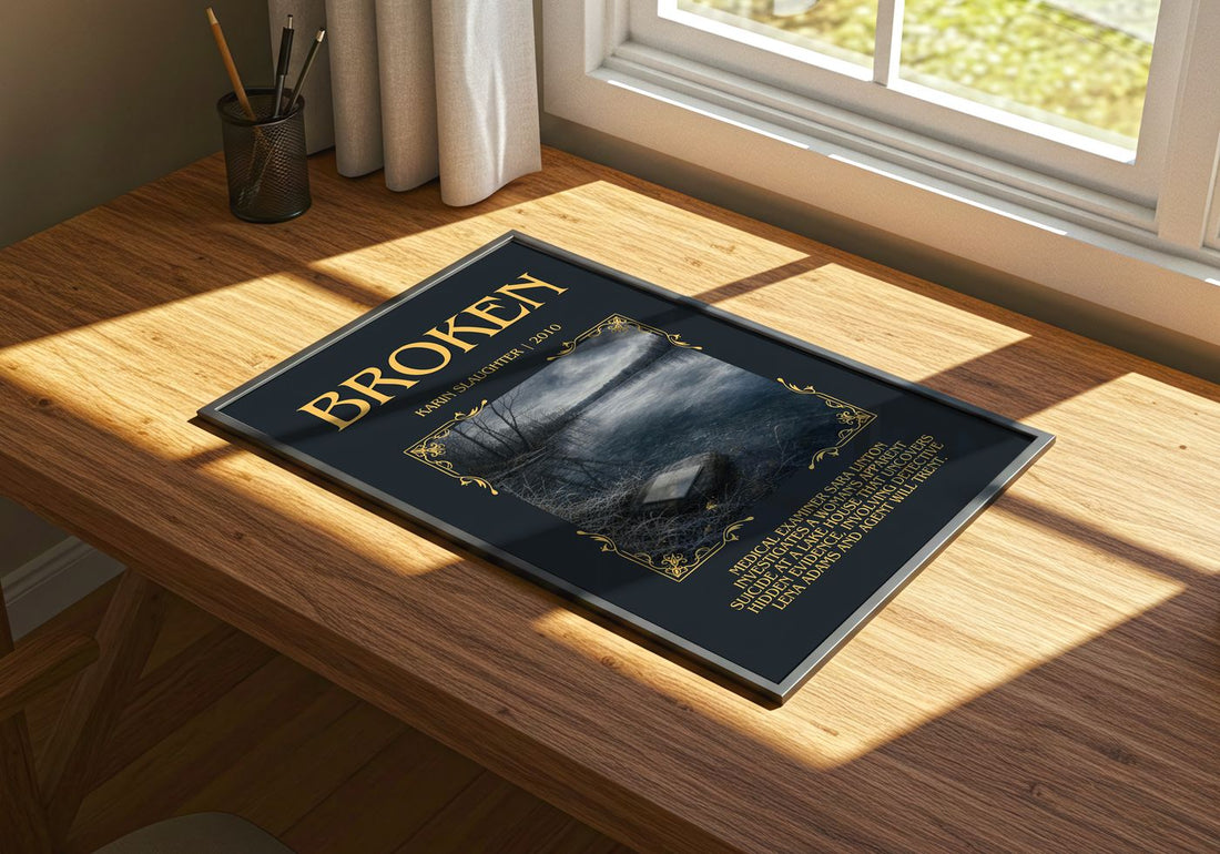 Broken Minimalist Book Poster by Karin Slaughter – print on a sunlit desk