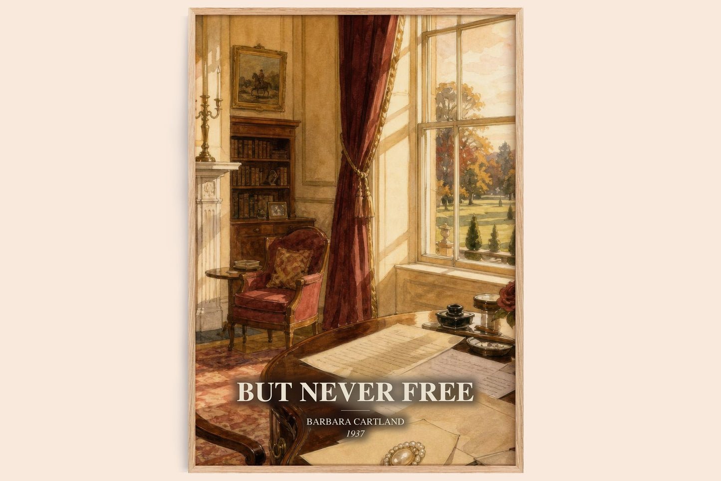 But Never Free watercolour book poster by Barbara Cartland – framed literary art print