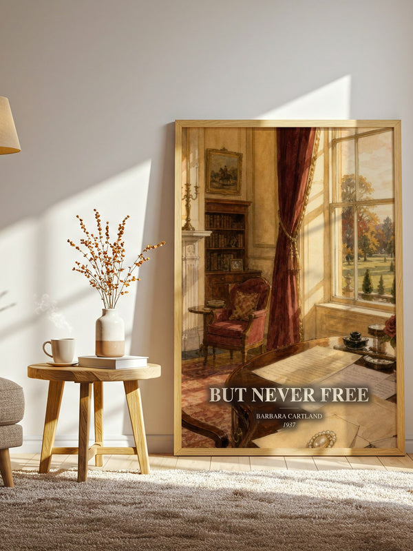 But Never Free watercolour print in frame leaning in hallway – romance wall art
