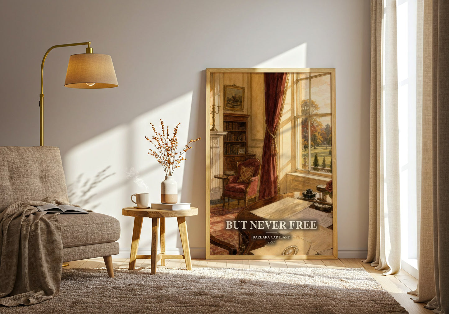 But Never Free watercolour print in frame leaning in hallway – romance wall art