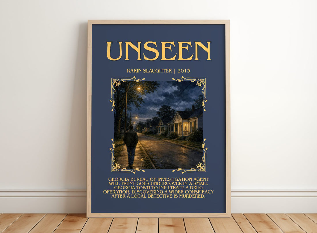 Unseen Minimalist Book Poster by Karin Slaughter – framed print leaning on a wooden floor
