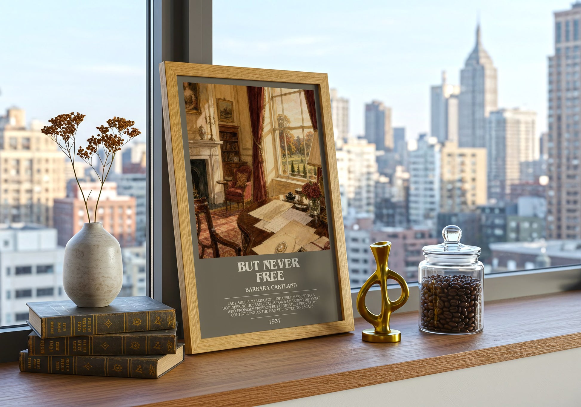 But Never Free bookish print framed by window – literary home decor