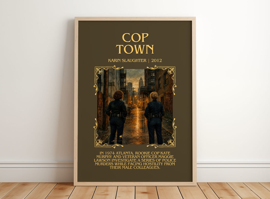 Cop Town Minimalist Book Poster by Karin Slaughter – framed print leaning on a wooden floor