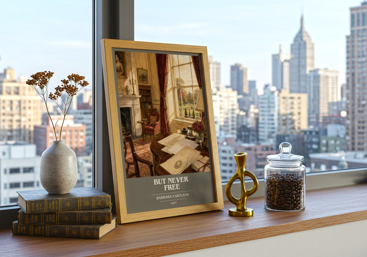 But Never Free book cover print framed by window – literary home decor