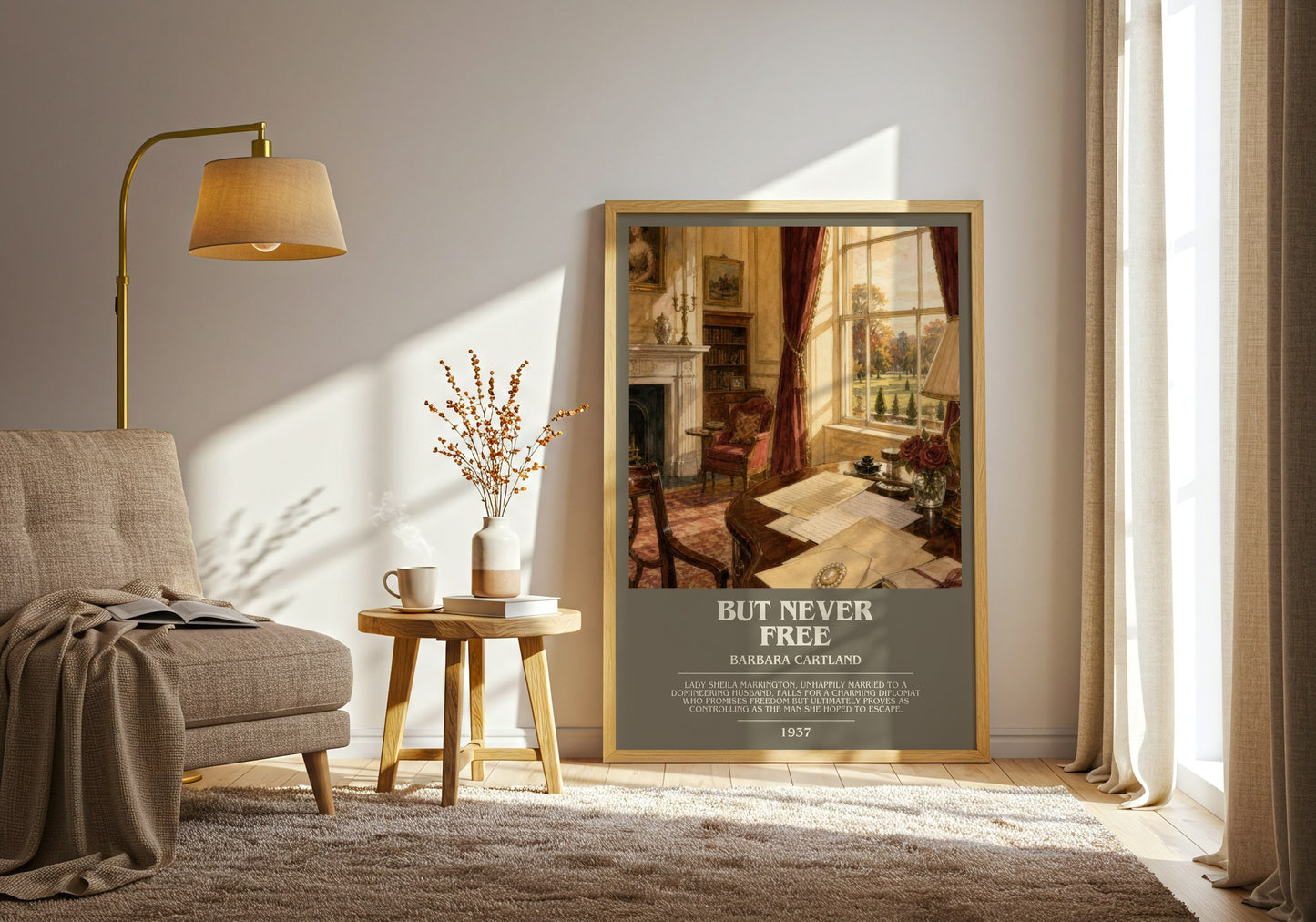 But Never Free bookish print on bookshelf – Barbara Cartland fan gift
