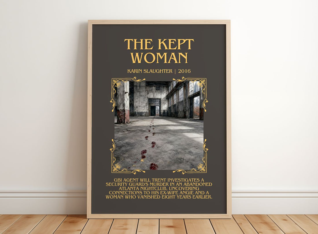 The Kept Woman Minimalist Book Poster by Karin Slaughter – framed print leaning on a wooden floor