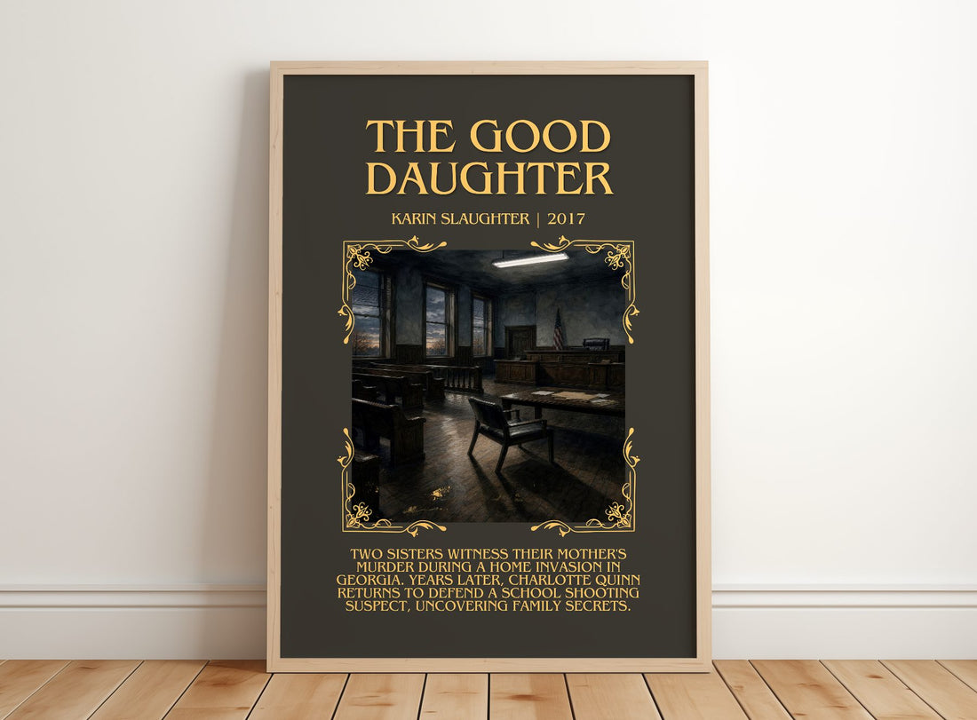 The Good Daughter Minimalist Book Poster by Karin Slaughter – framed print leaning on a wooden floor