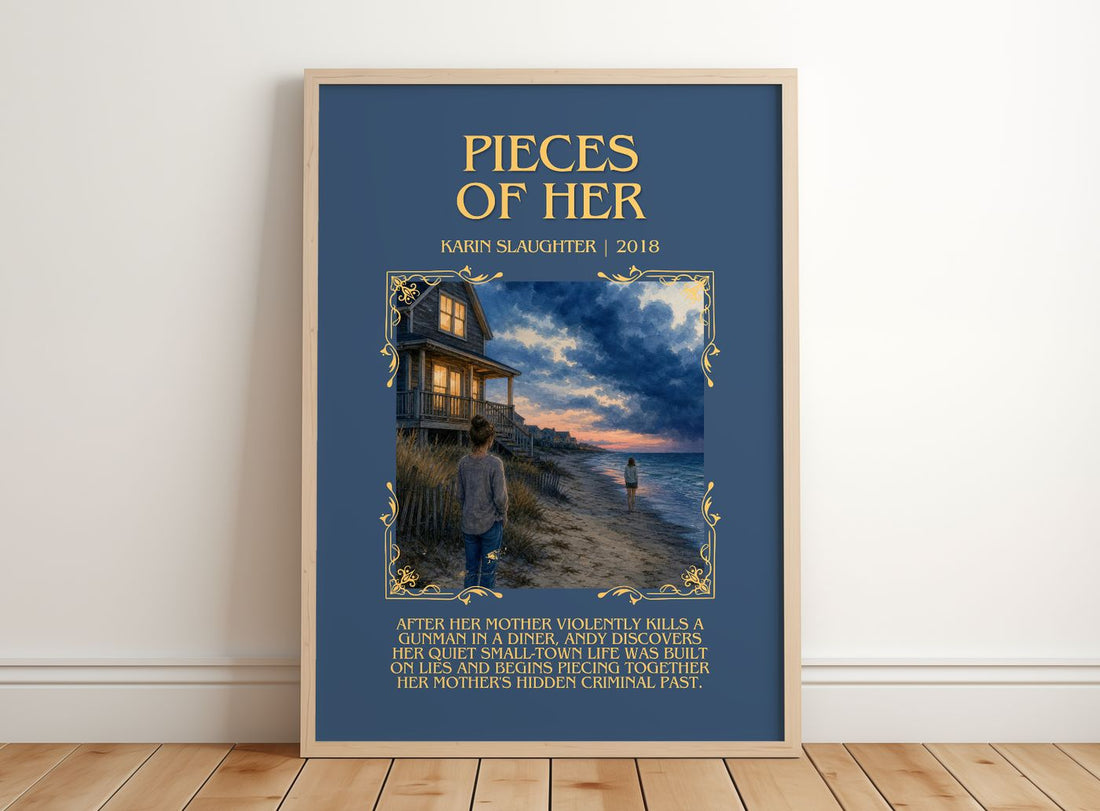Pieces of Her Minimalist Book Poster by Karin Slaughter – framed print leaning on a wooden floor