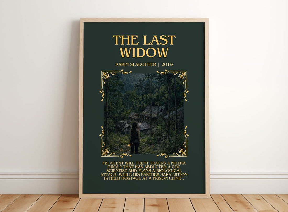 The Last Widow Minimalist Book Poster by Karin Slaughter – framed print leaning on a wooden floor